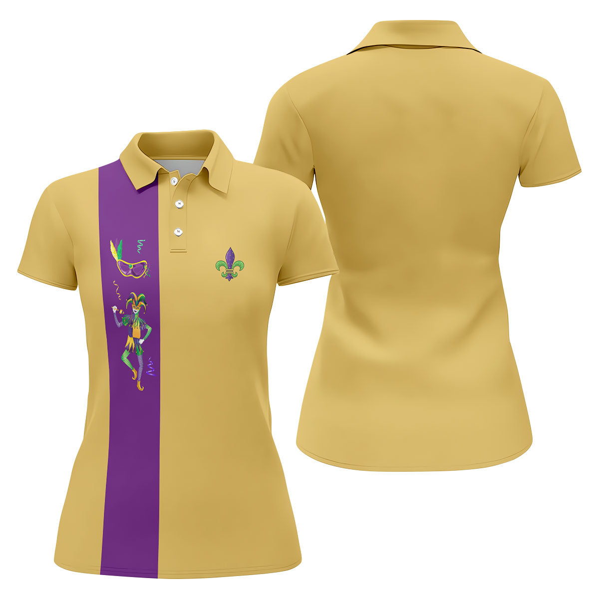 Mardi Gras Festival Jester Figure Fleur De Lis Symbol Yellow Golf Shirt, Women's Golf Tops, Ladies Golf Polos