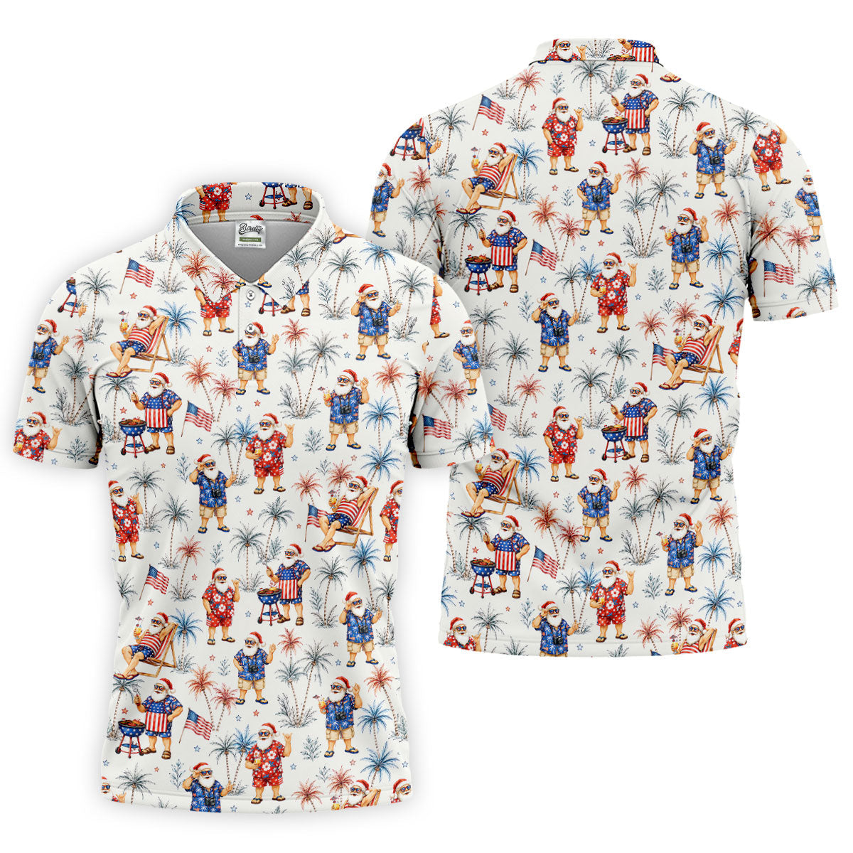 Patriotic Santa Tropical Christmas Polo Shirt, Mens Golf Polo, Hawaiian Golf Shirt