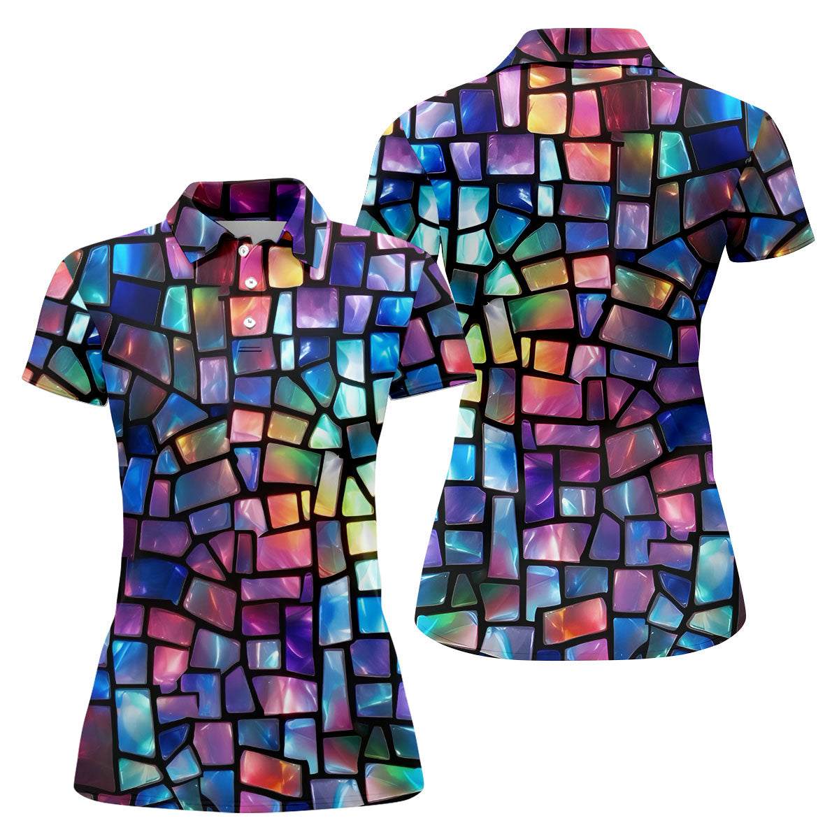 Colorful Stained Glass Mosaic Pattern Golf Shirt, Ladies Golf Shirts, Women’s Golf Apparel, Performance Golf Shirt
