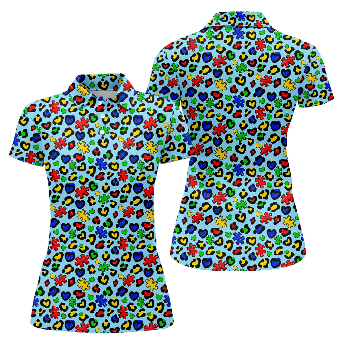Autism Awareness Color Leopard Pattern Blue Golf Shirt, Women's Golf Tops, Ladies Golf Shirts, Ladies Golf Polos