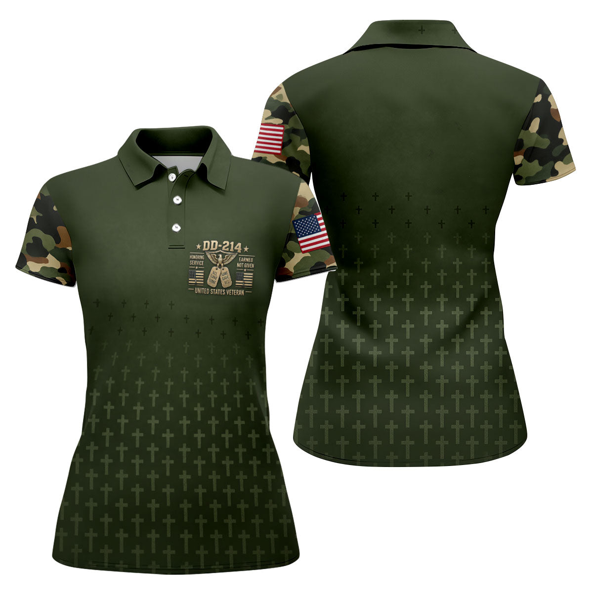 DD-214 Olive Green Cross Camo Polo Shirt, Golf Shirts For Women, Veterans Day Shirt