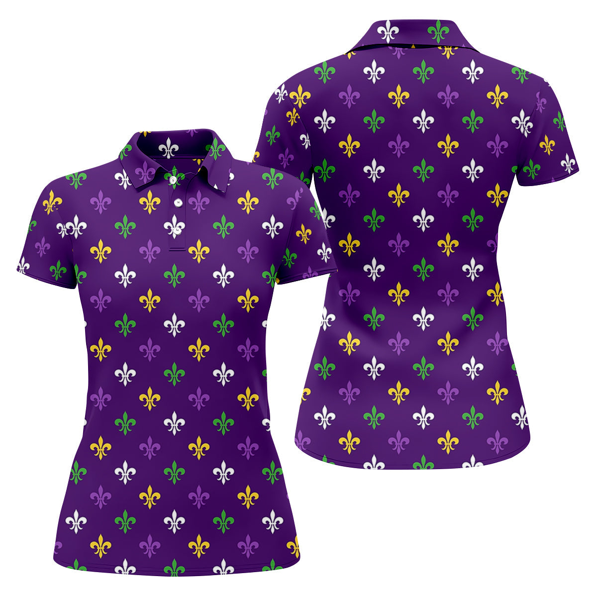 Purple Green Gold Fleur De Lis Pattern Purple Golf Shirt, Mardi Gras Golf Shirt, Golf Shirt For Women