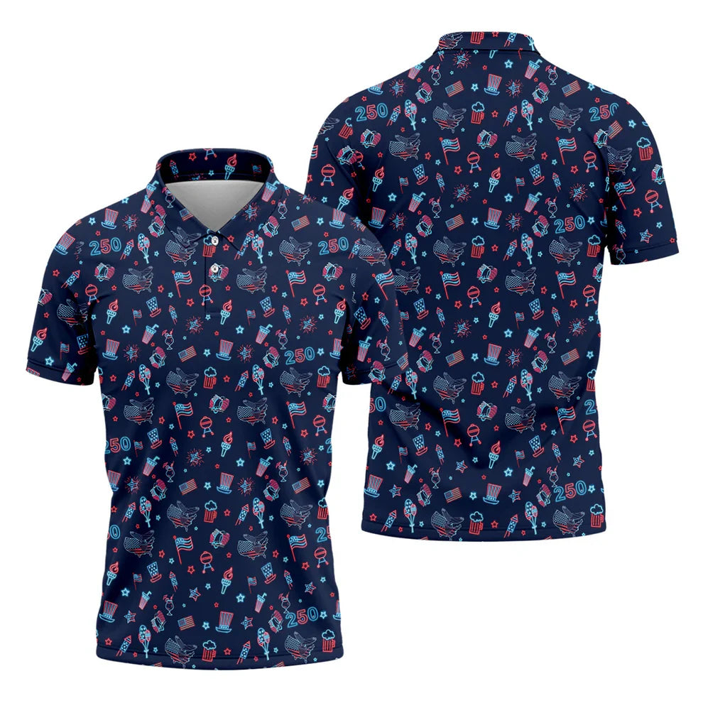 250th Anniversary Doodle Style Neon Pattern Golf Tops For Men, Patriotic 4th Of July Golf Shirts For Men
