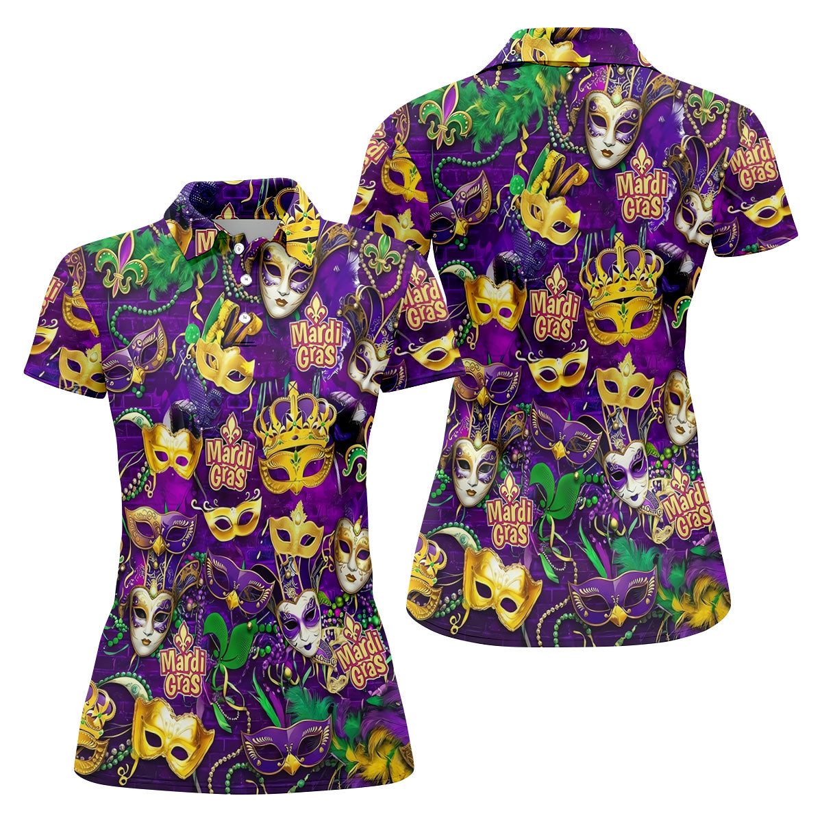 Purple Green Gold Festival Mask Mardi Gras Golf Shirt, Women's Golf Tops, Ladies Golf Polos