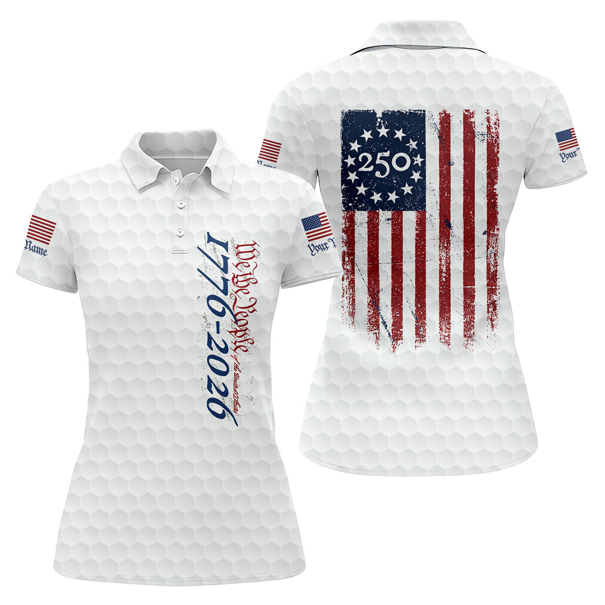 We The People Distressed American Flag White Golf Shirt, 250 Years Patriotic 4th Of July Golf Shirt For Women