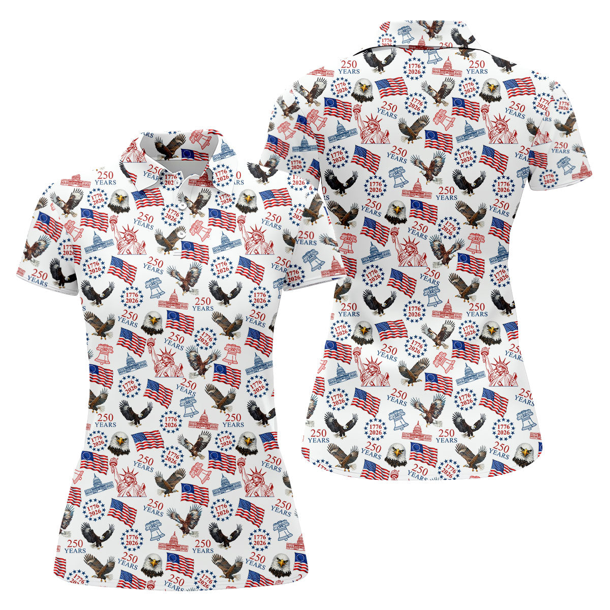250 Years American Symbol Patriotic Pattern White Golf Shirt, 4th Of July Golf Shirt, Golf Shirt For Women