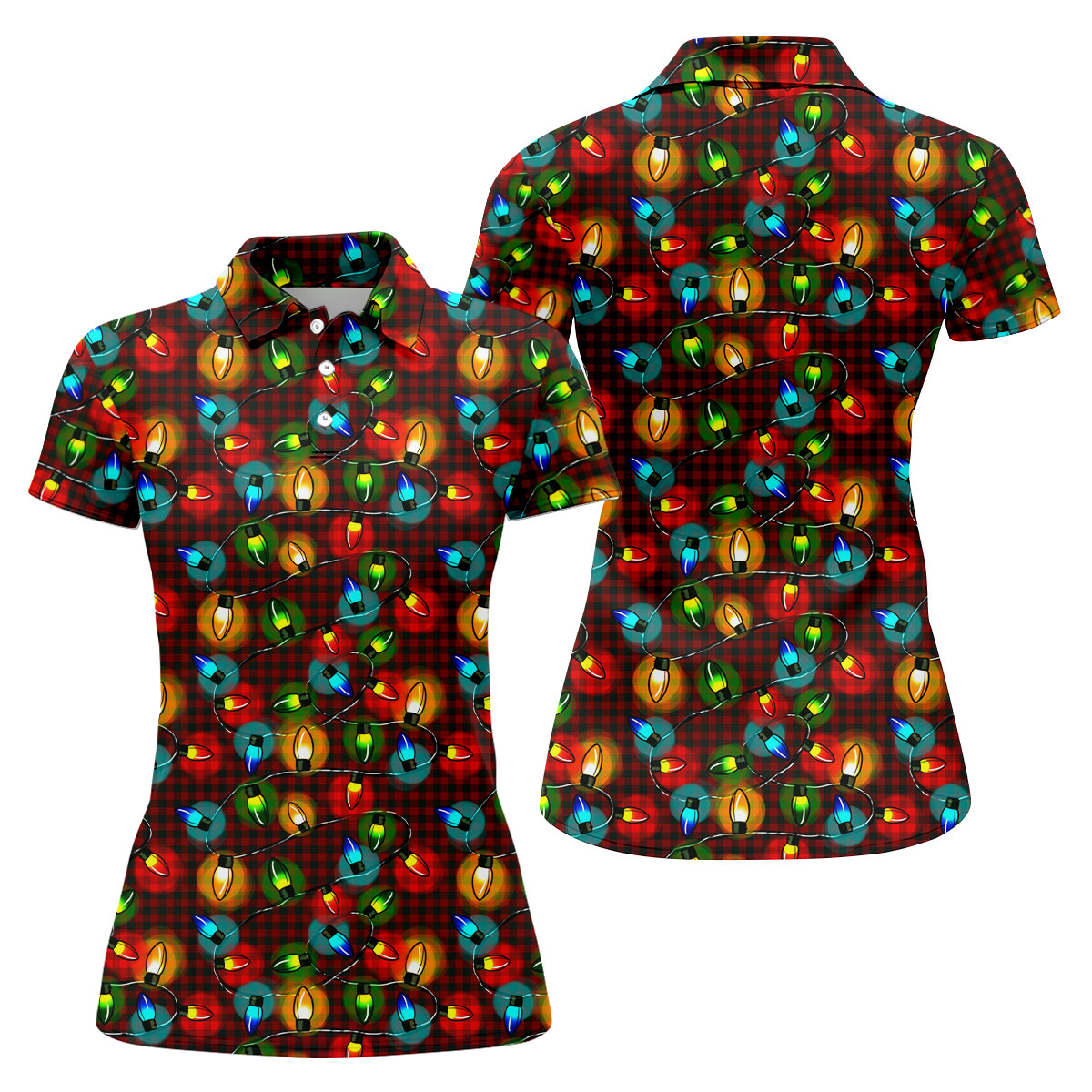 Colorful Christmas Light Plaid Women's Golf Tops, Christmas Golf Shirt, Golf Gift For Ladies