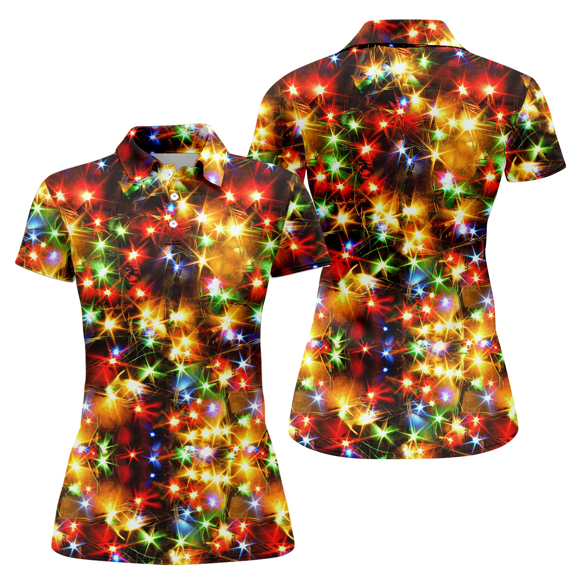 Colorful Christmas Lights Women's Golf Tops, Christmas Golf Shirt, Ladies Golf Polos, Golf Gift For Ladies