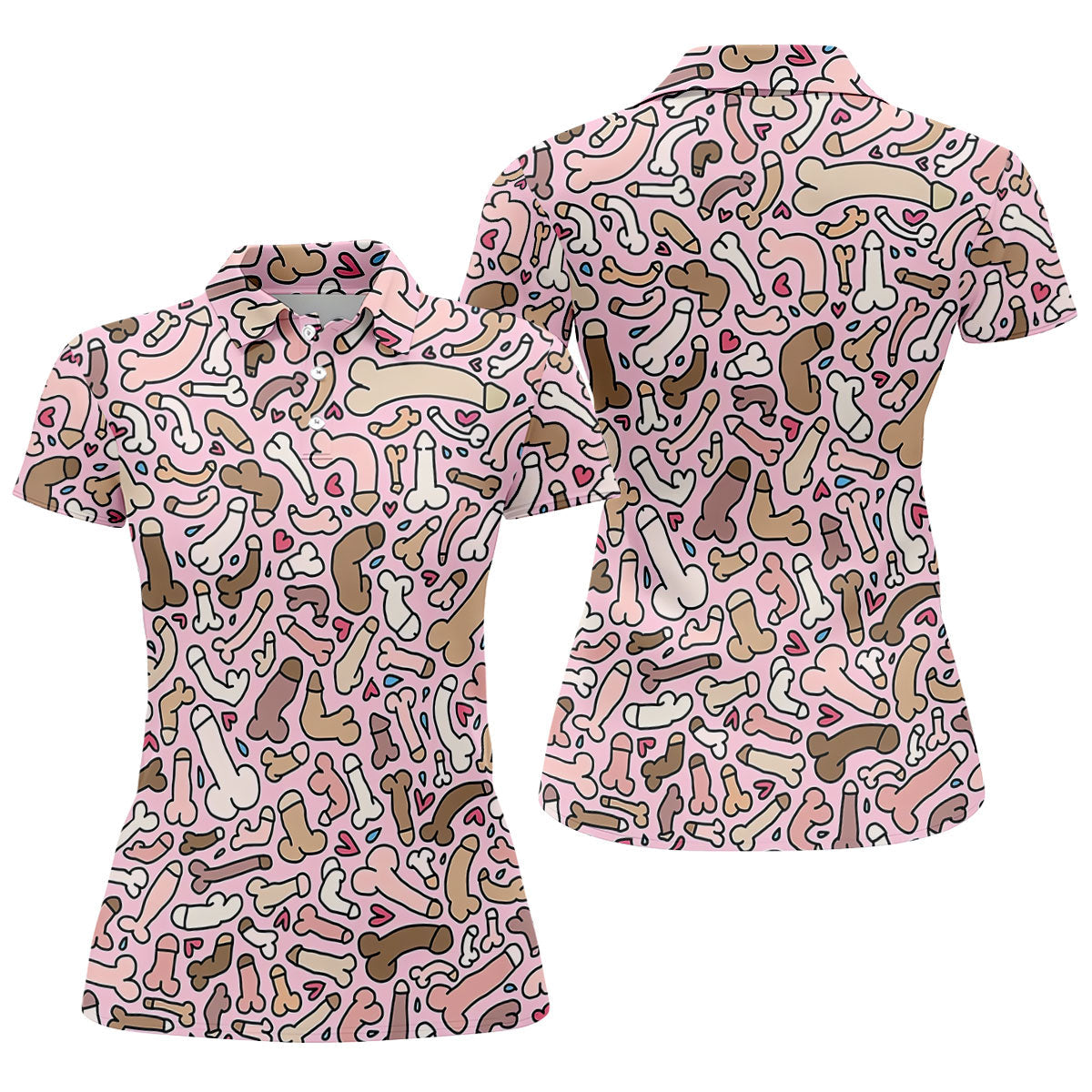 Funny Adult Doodle Pink Pattern Polo Shirt, Womens Golf Polo, Golf Shirts For Women