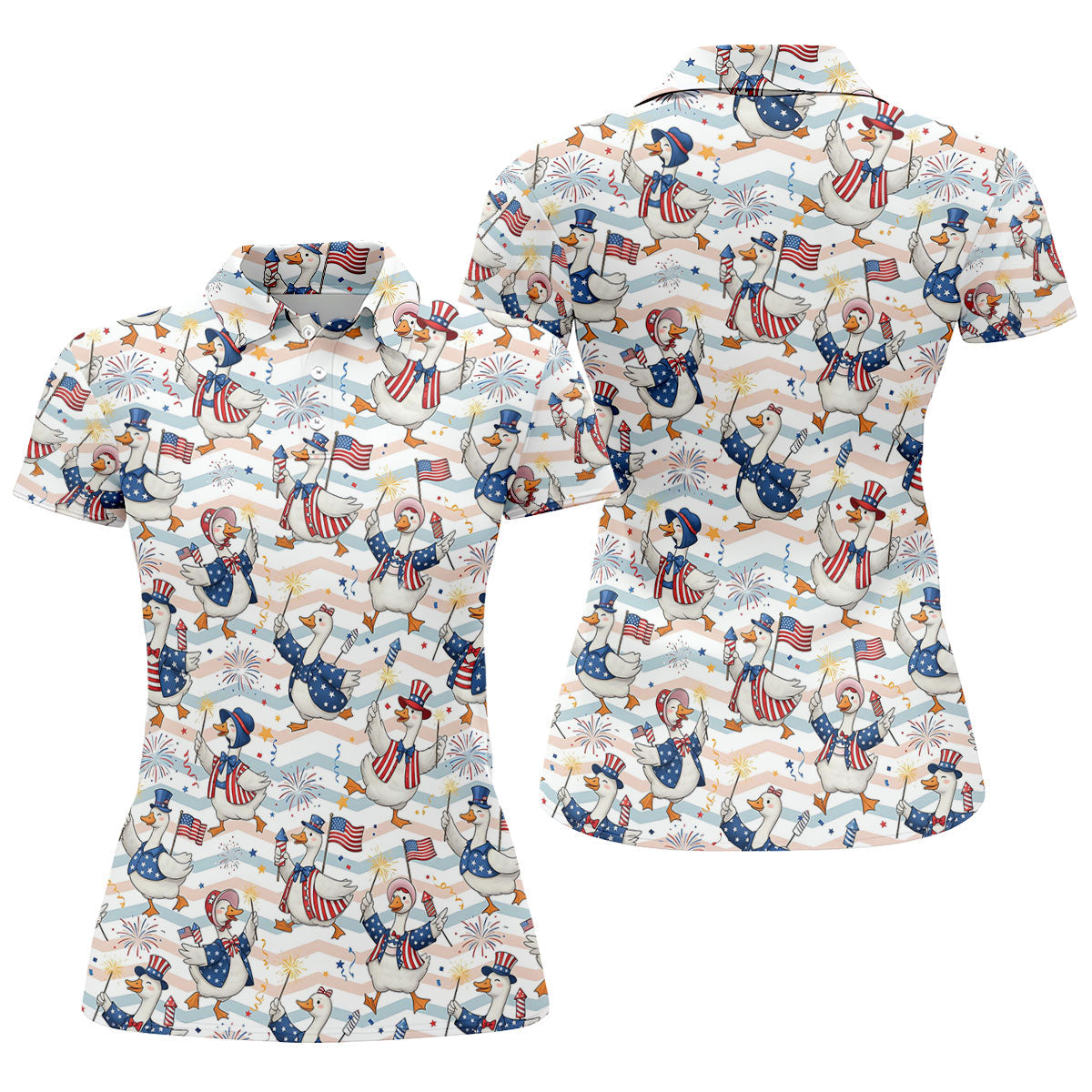 Patriotic Duck USA Flag Fireworks Polo Shirt, Womens Golf Polo, Golf Shirts For Women