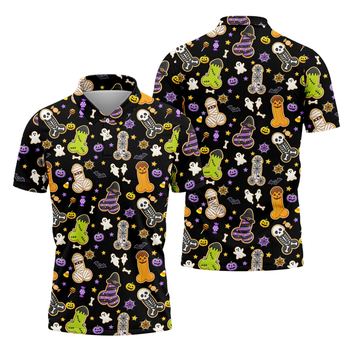 Funny Adult Halloween Cookie Pattern Polo Shirt, Men's Golf Shirt, Printed Golf Shirts