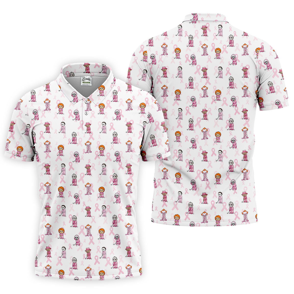 Breast Cancer Chibi Horror Character Polo Shirt, Mens Golf Shirts, Golf Apparel For Men