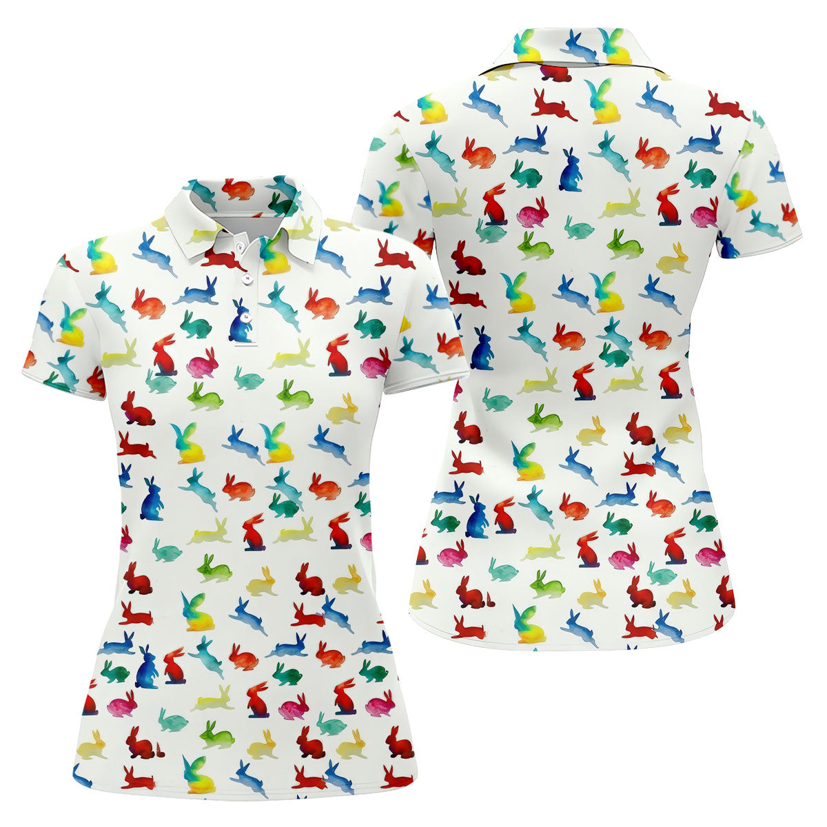 Colorful Bunny Funny Golf Shirt, Easter Bunny Pattern Golf Shirt For Women, Ladies Golf Shirts