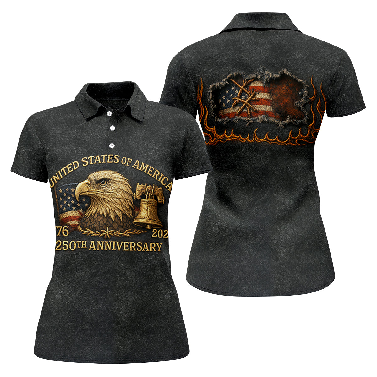 Bald Eagle American Flag 250th Anniversary Dark Grey Color Women's Golf Tops, Ladies Golf Shirts