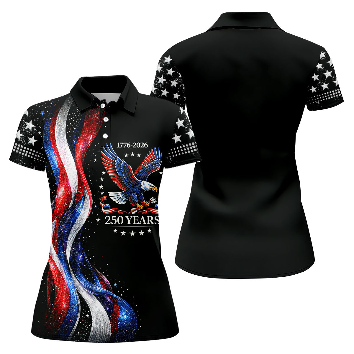 America Bald Eagle Red And White Striped Ribbon 4th Of July Golf Shirt, 250th Anniversary Golf Shirt For Women