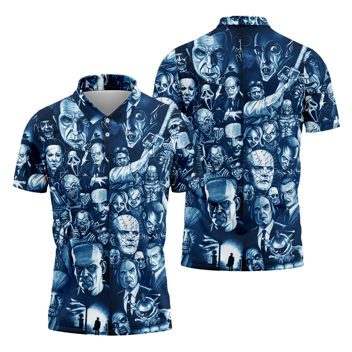Horror Character Collage Halloween Polo Shirt, Printed Golf Shirts, Golf Apparel For Men