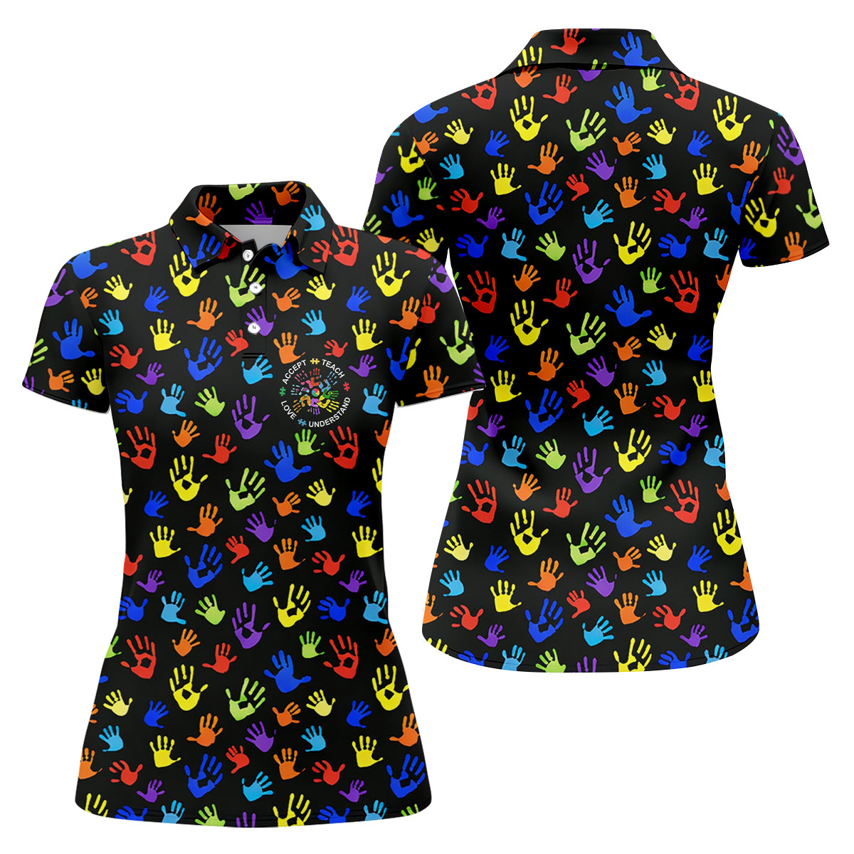 Accept Teach Understand Love Autism Awareness Colorful Handprint Black Golf Shirt, Women's Golf Tops