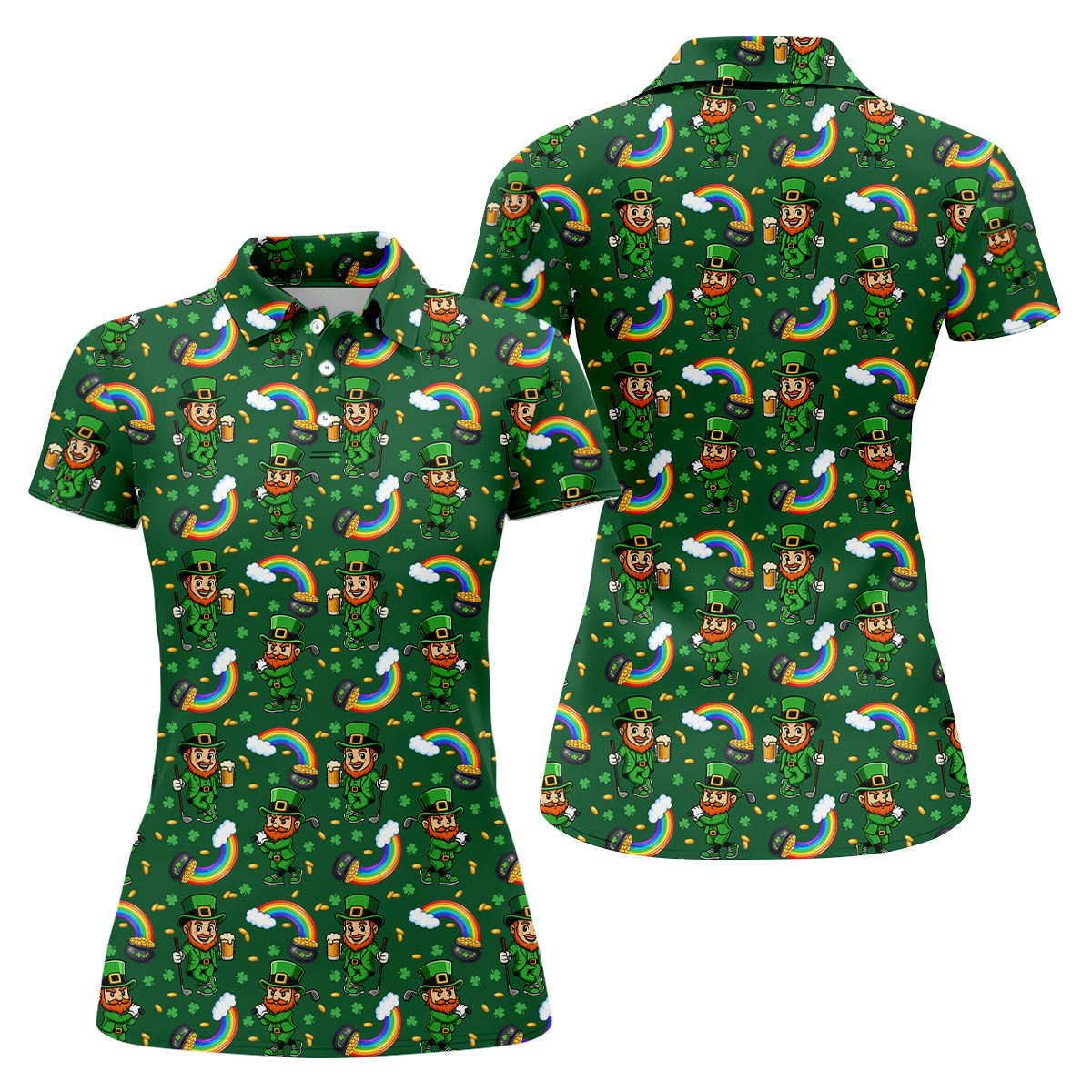 St Patrick's Day Leprechaun Golf Pose Rainbow Gold Pot Shamrock Golf Shirt, Women's Golf Shirts, Ladies Golf Polos