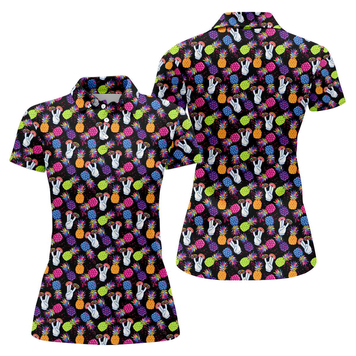 Hawaiian Pineapples Donut Finger Green Blue Pink Fun Women's Golf Shirts, Women's Golf Tops, Ladies Golf Shirts