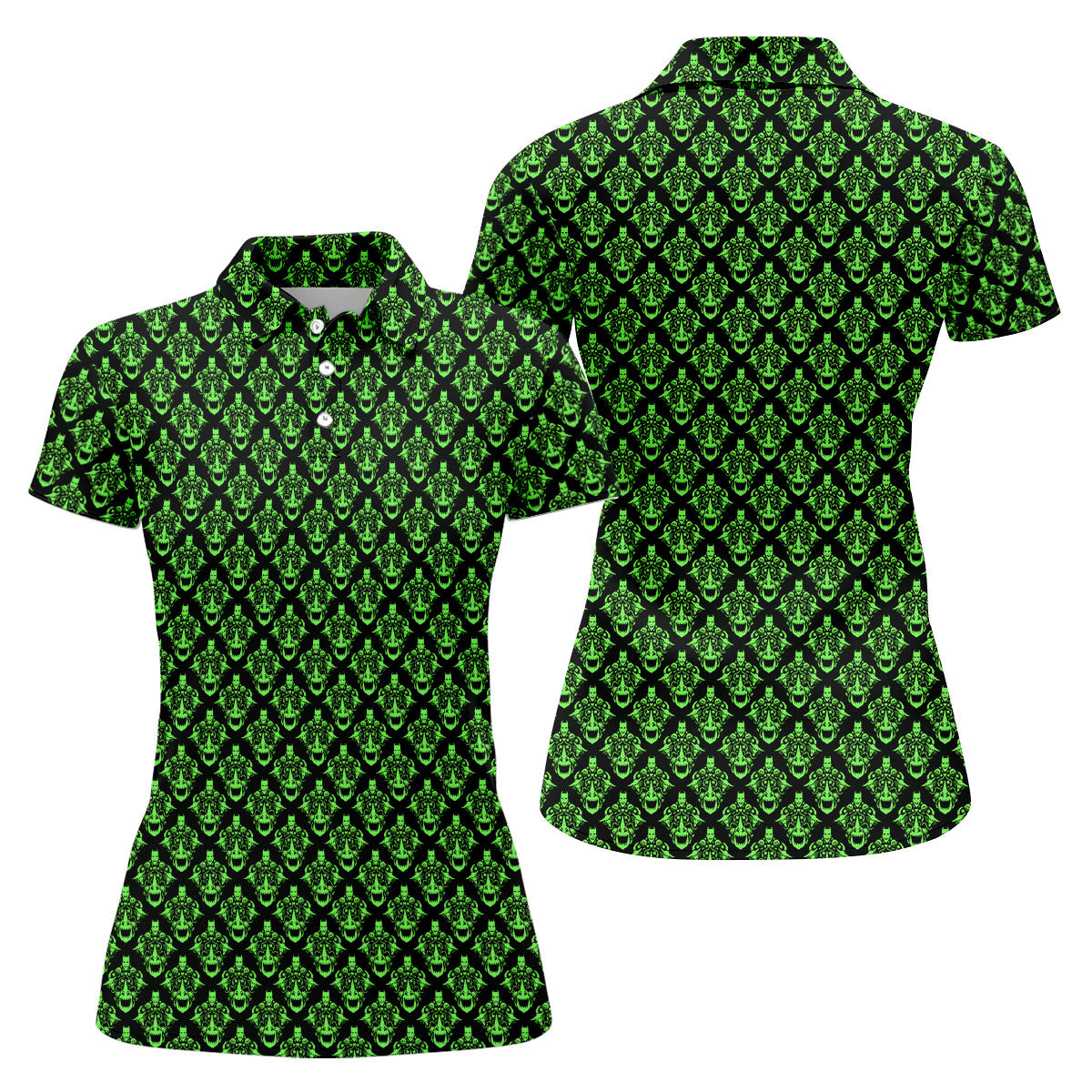 Neon Green Horror Character Pattern Golf Shirt, Women’s Golf Polo, Halloween Golf Shirt