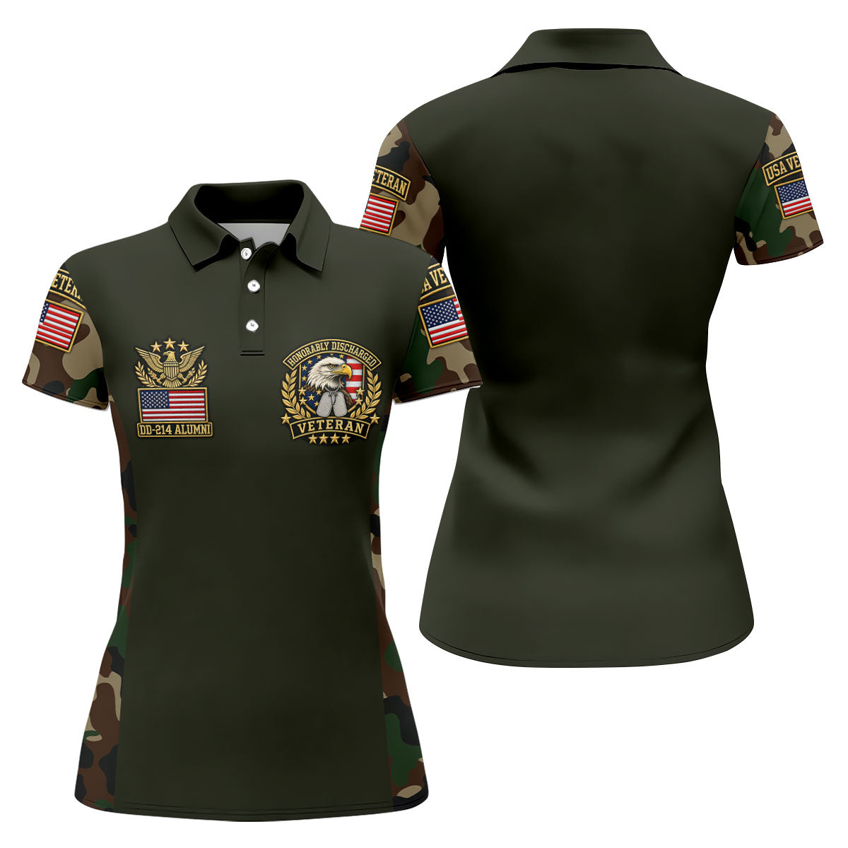 DD-214 Eagle Badge Olive Camo Polo Shirt, Women Golf Tops, Veterans Day Golf Shirt