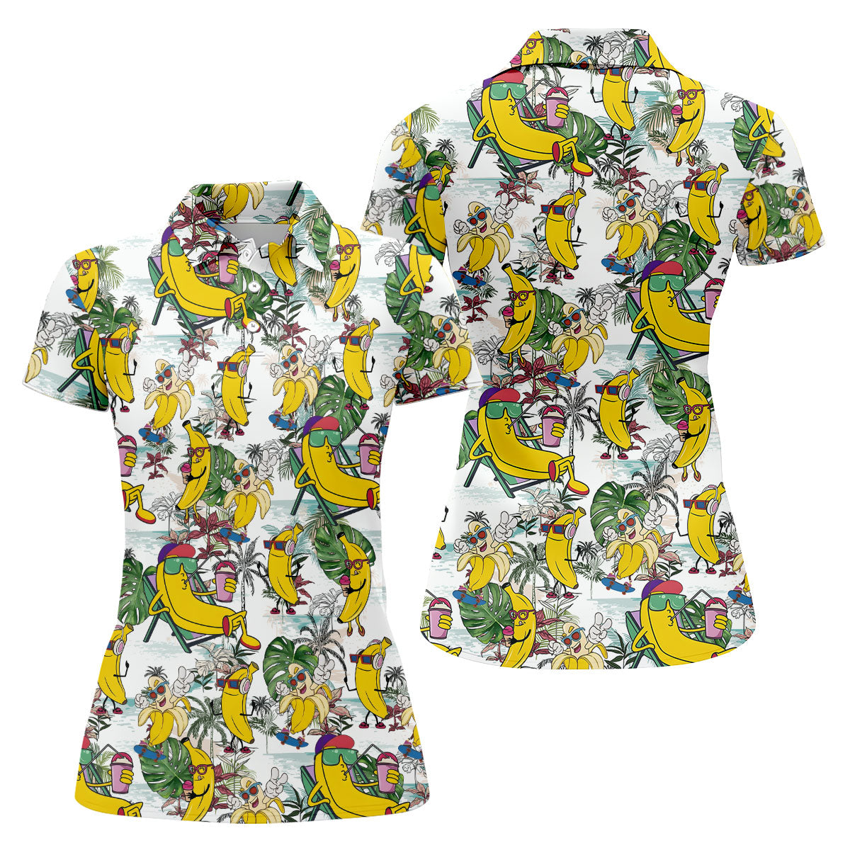 Cartoon Banana Characters on Tropical Island Hawaiian Golf Polo, Golf Tops For Women, Golfing Apparel