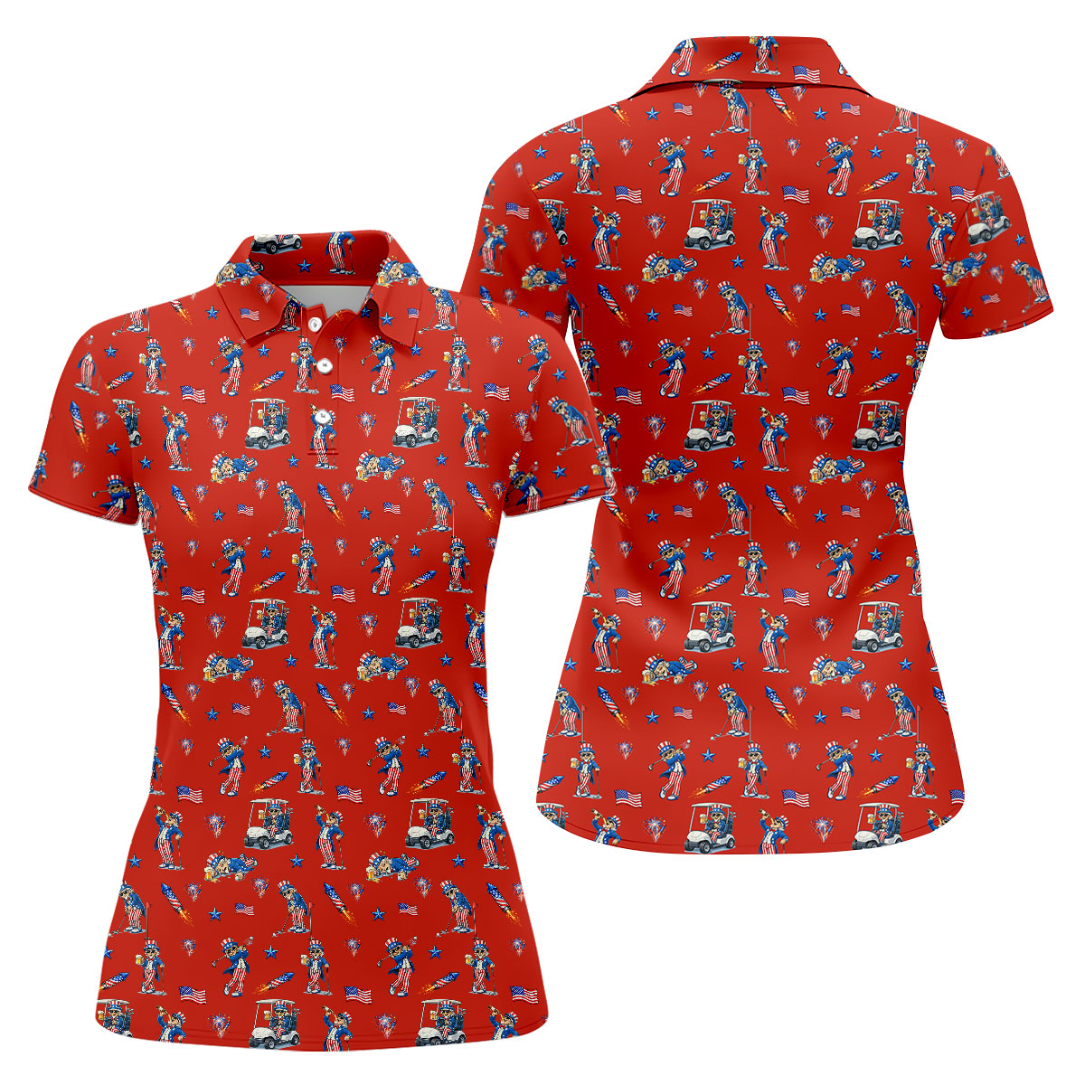 Patriotic Man Golf And Beer Funny 4th Of July Red Golf Shirt, 250 Years Seamless Pattern Women's Golf Tops