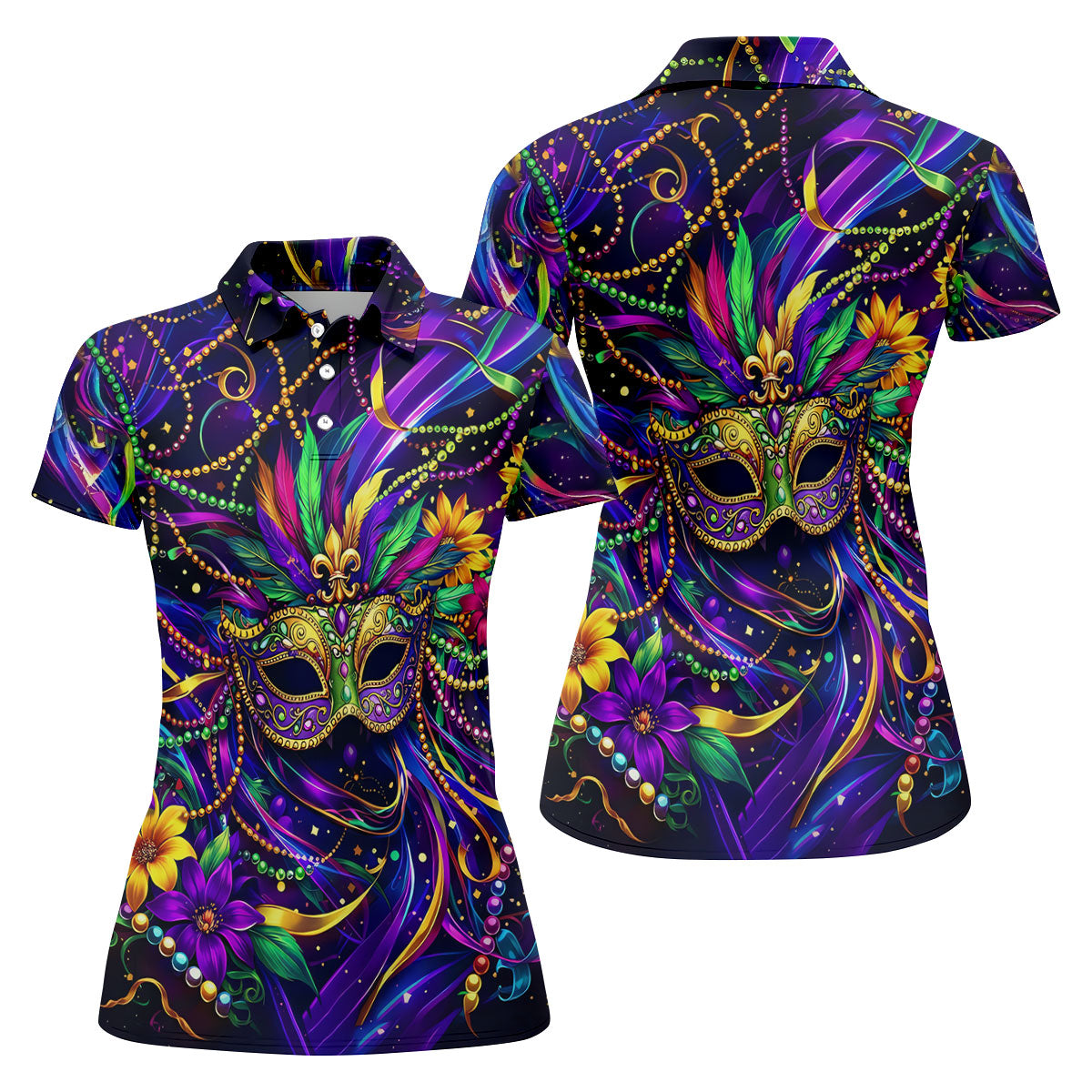 Mardi Gras Beads Ribbons Feather Masquerade Mask Print Golf Shirt, Polo Shirts Womens, Ladies Golf Shirt