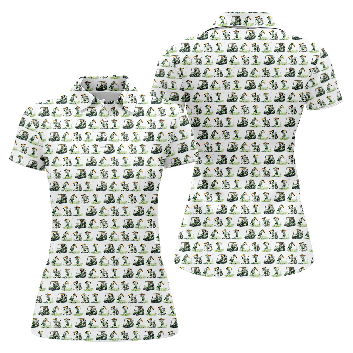 Funny Toucan Golf Pose White And Green Ladies Golf Tops, Fun Women's Golf Shirts, Golf Shirt For Women
