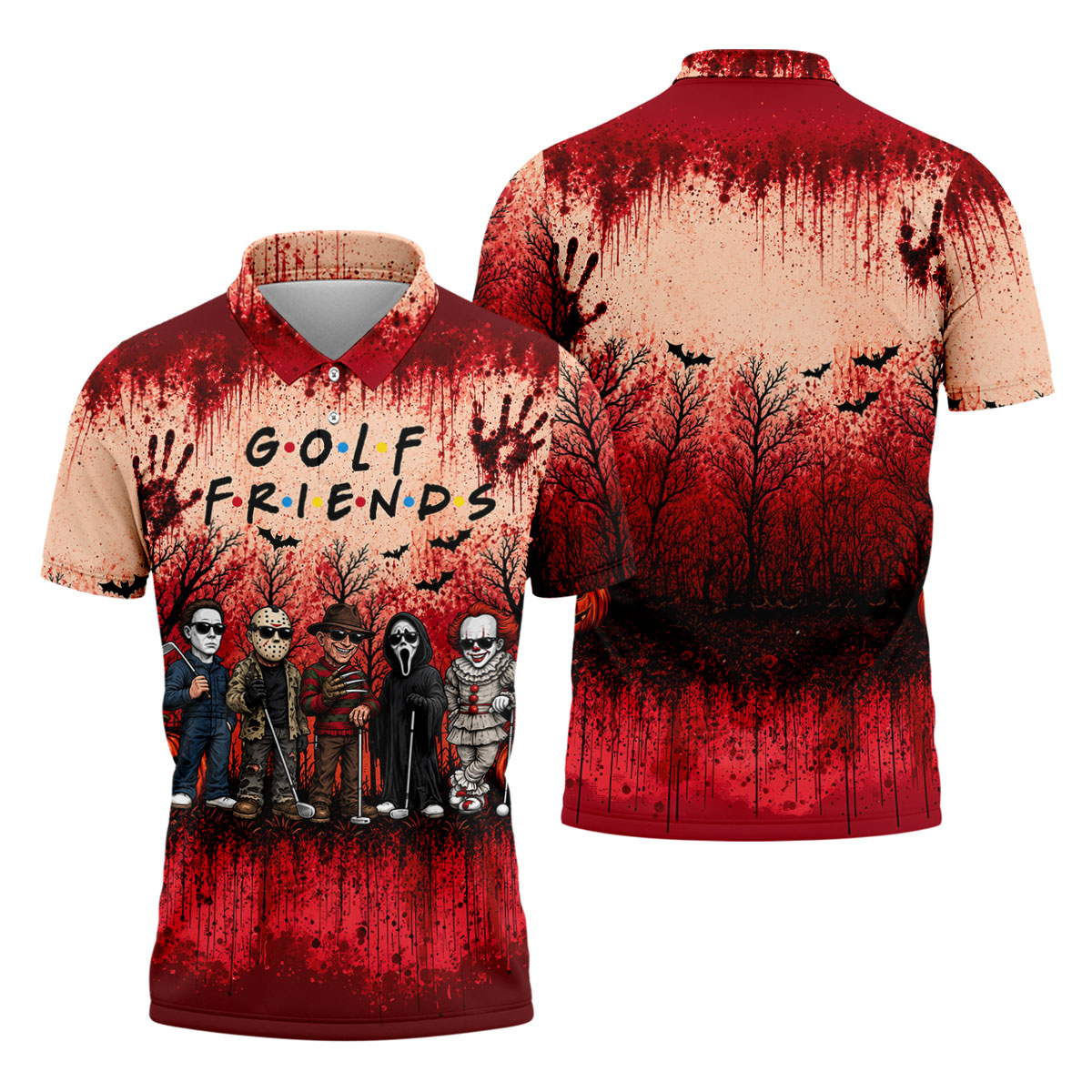 Golf Friends Halloween Horror Character Group Polo Shirt, Mens Golf Polo, Golf Apparel