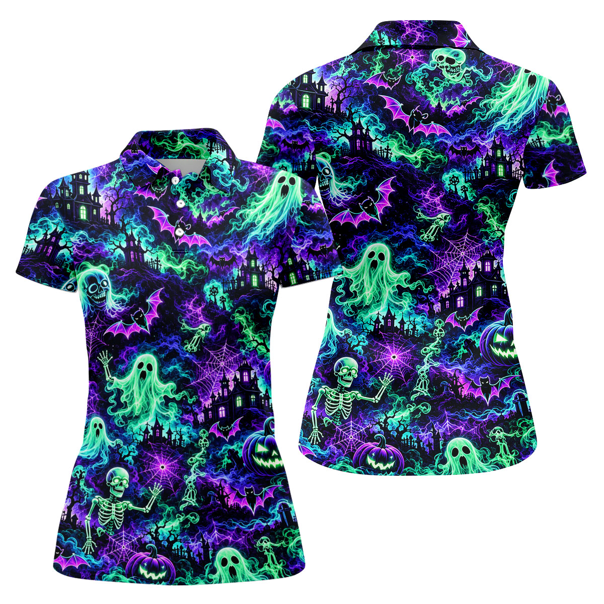 Neon Ghost Skeleton Halloween Horror Character Polo Shirt, Golf Shirt, Womens Golf Apparel