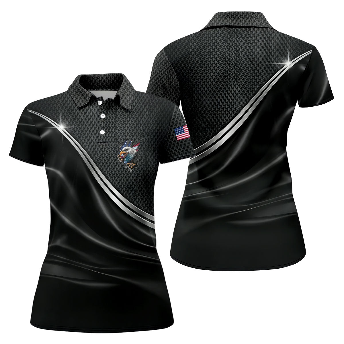 US Bald Eagle Flag Ripped Effect Patriotic Black Golf Shirt, 250 Years 4th Of July Golf Shirt For Women