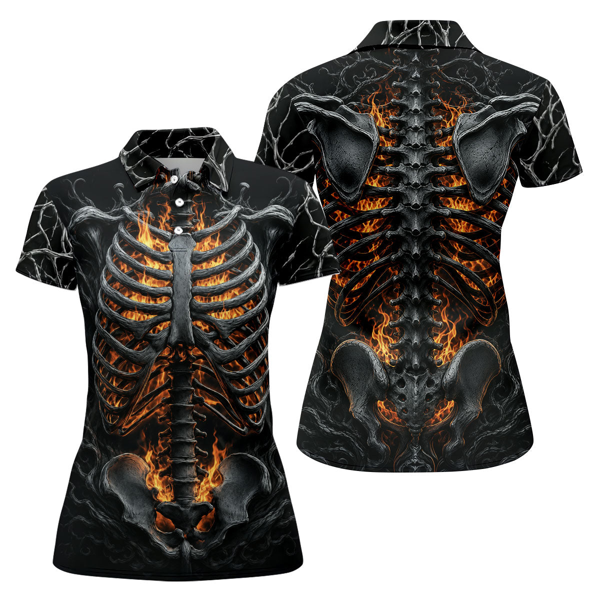 Halloween Fire Skeleton Horror Character Polo Shirt, Ladies Golf Shirts, Womens Golf Tops