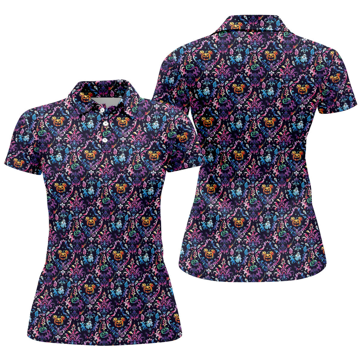 Colorful Ghost Pumpkin Floral Halloween Polo Shirt, Women’s Sleeveless Golf Shirt, Ladies Golf Top