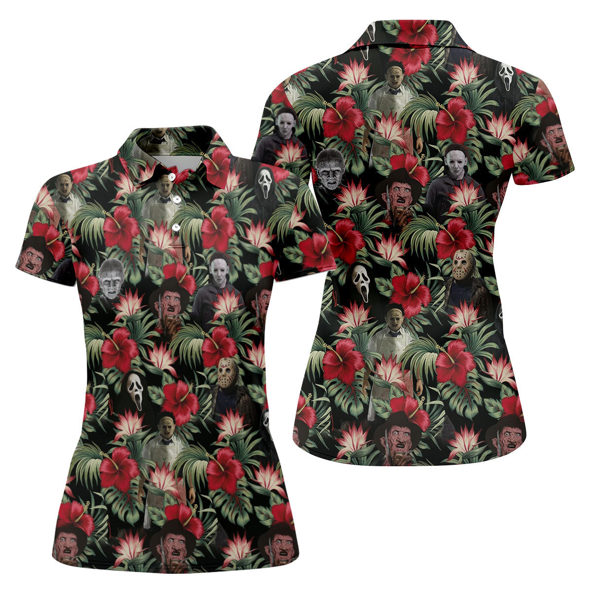 Halloween Tropical Horror Character Golf Shirt, Women's Golf Polo, Printed Golf Shirt