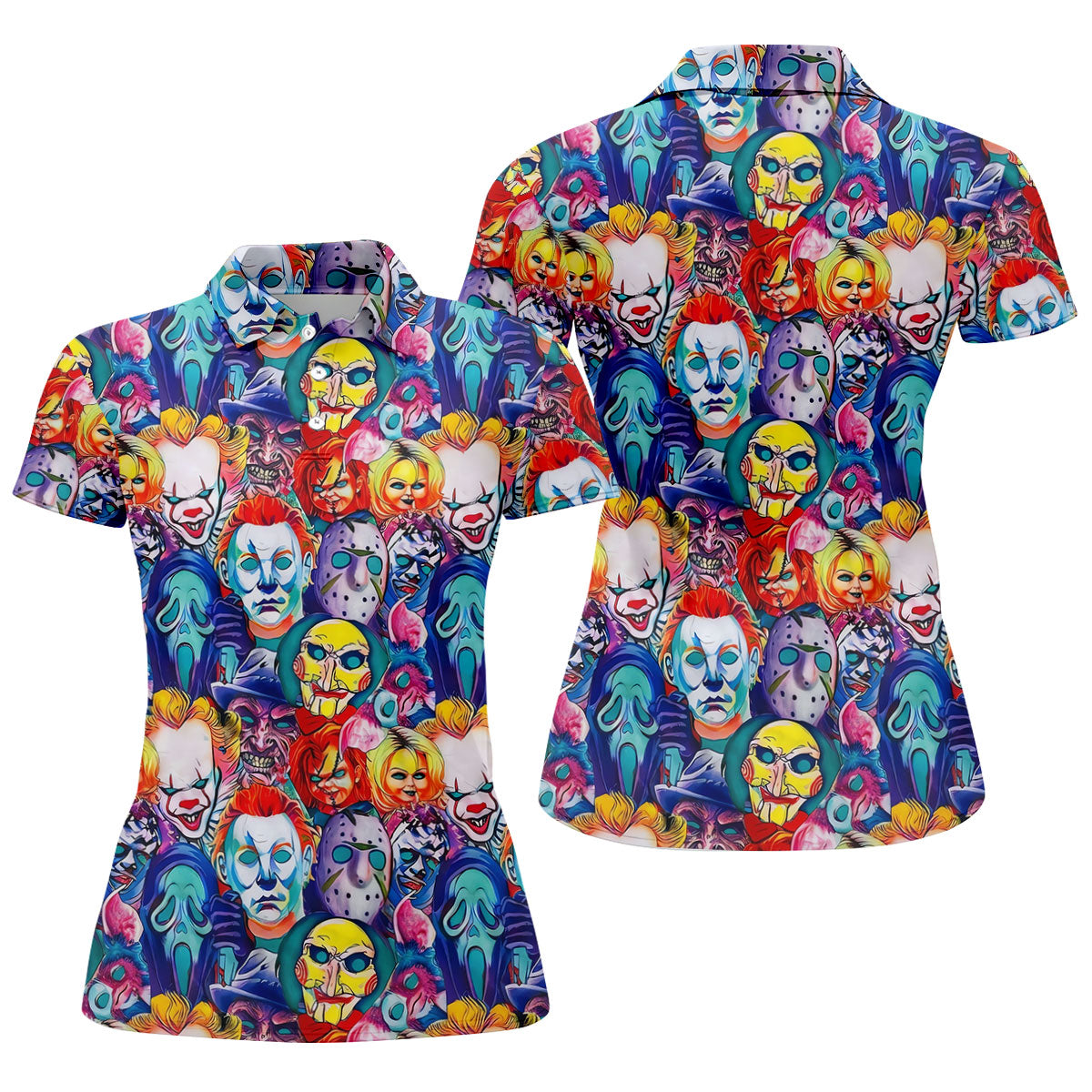 Colorful Horror Character Faces Halloween Polo Shirt, Golf Polo For Women, Ladies Golf Top