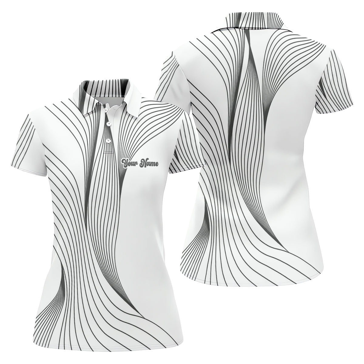 Geometric Line Wavy Line Black And White Custom Name Women's Golf Tops, Ladies Golf Shirts, Women's Polo Shirt