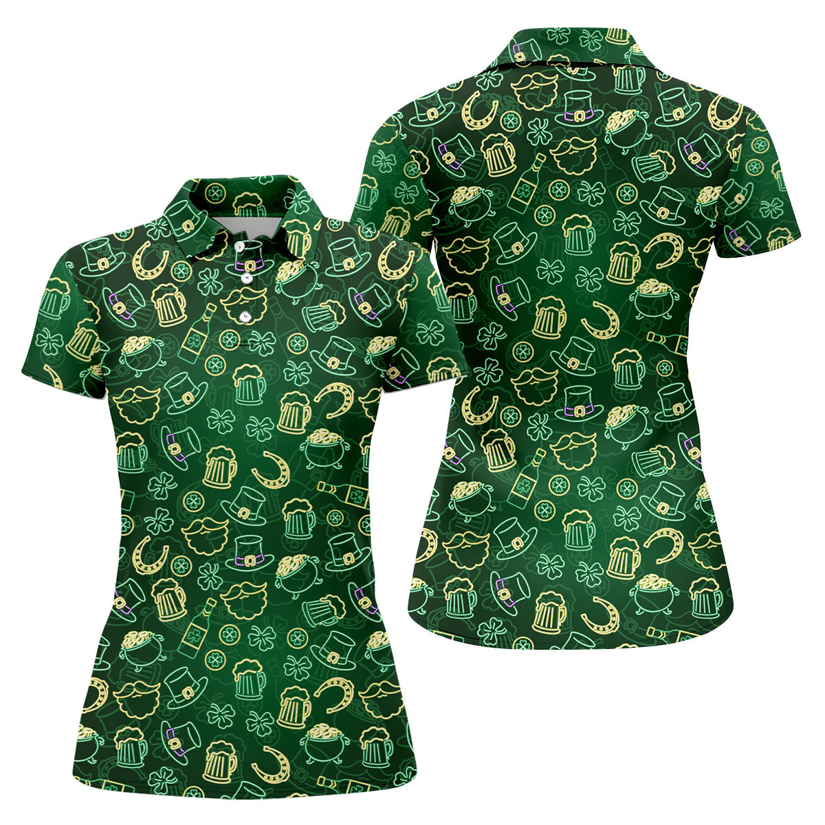 Beer Shamrock Neon Pattern St Patrick's Day Golf Shirt, Women Golf Top, Ladies Golf Shirts