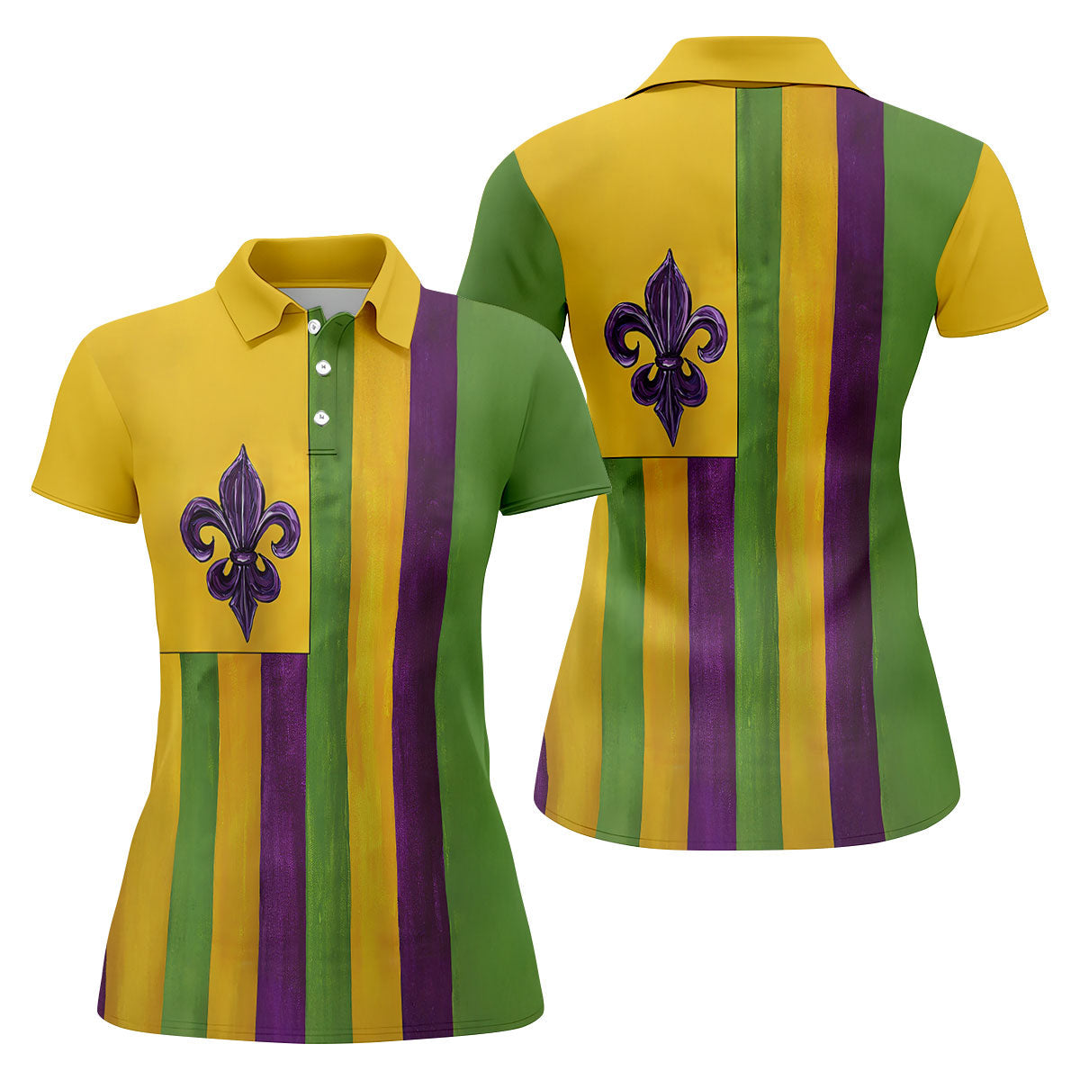 Purple Green Gold Vertical Stripes Fleur De Lis Flower Mardi Gras Golf Shirt, Women's Golf Tops, Ladies Golf Shirt