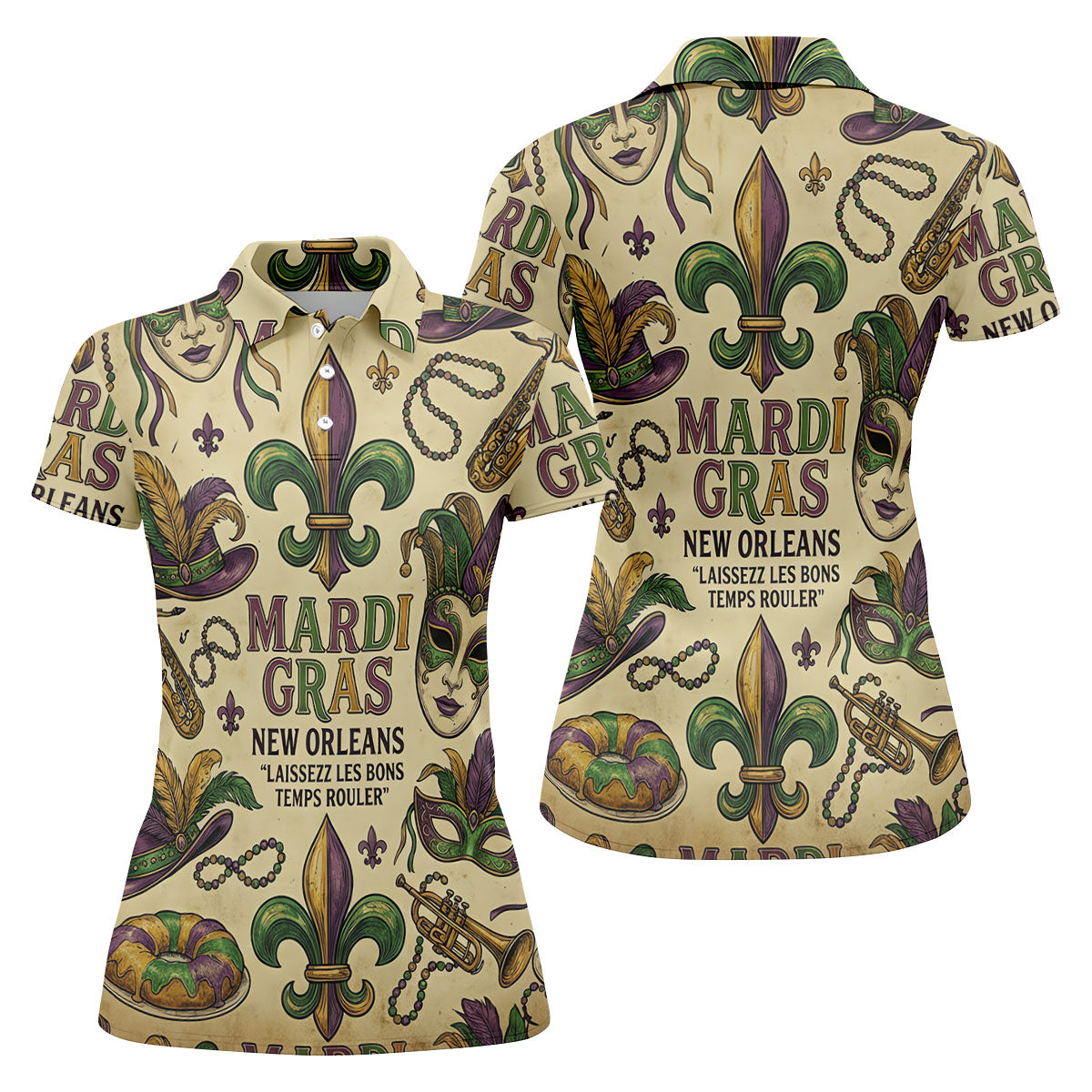 Mardi Gras New Orleans Fleur De Lis Carnival Hat Women's Golf Tops, Ladies Golf Shirts, Ladies Golf Polos