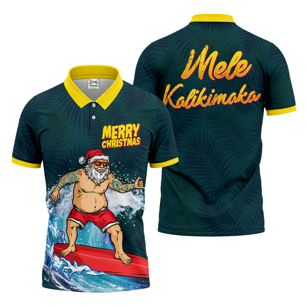 Surfing Santa Mele Kalikimaka Christmas Polo Shirt, Mens Golf Polo, Hawaiian Golf Shirt