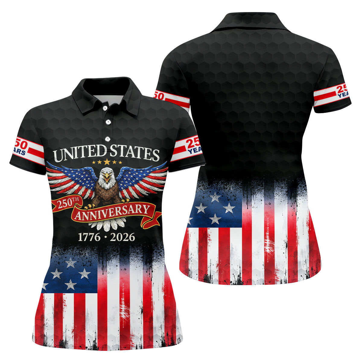 US Bald Eagle 250th Anniversary Celebration Ribbon Black Golf Shirt, Patriotic 4th Of July Golf Shirt For Women