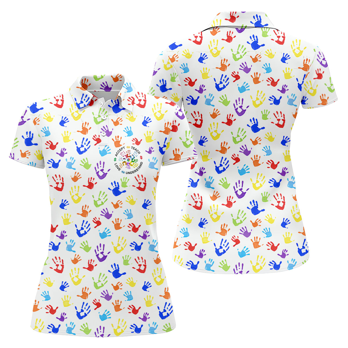 Accept Teach Understand Love Autism Awareness Colorful Handprint White Golf Shirt, Women's Golf Tops
