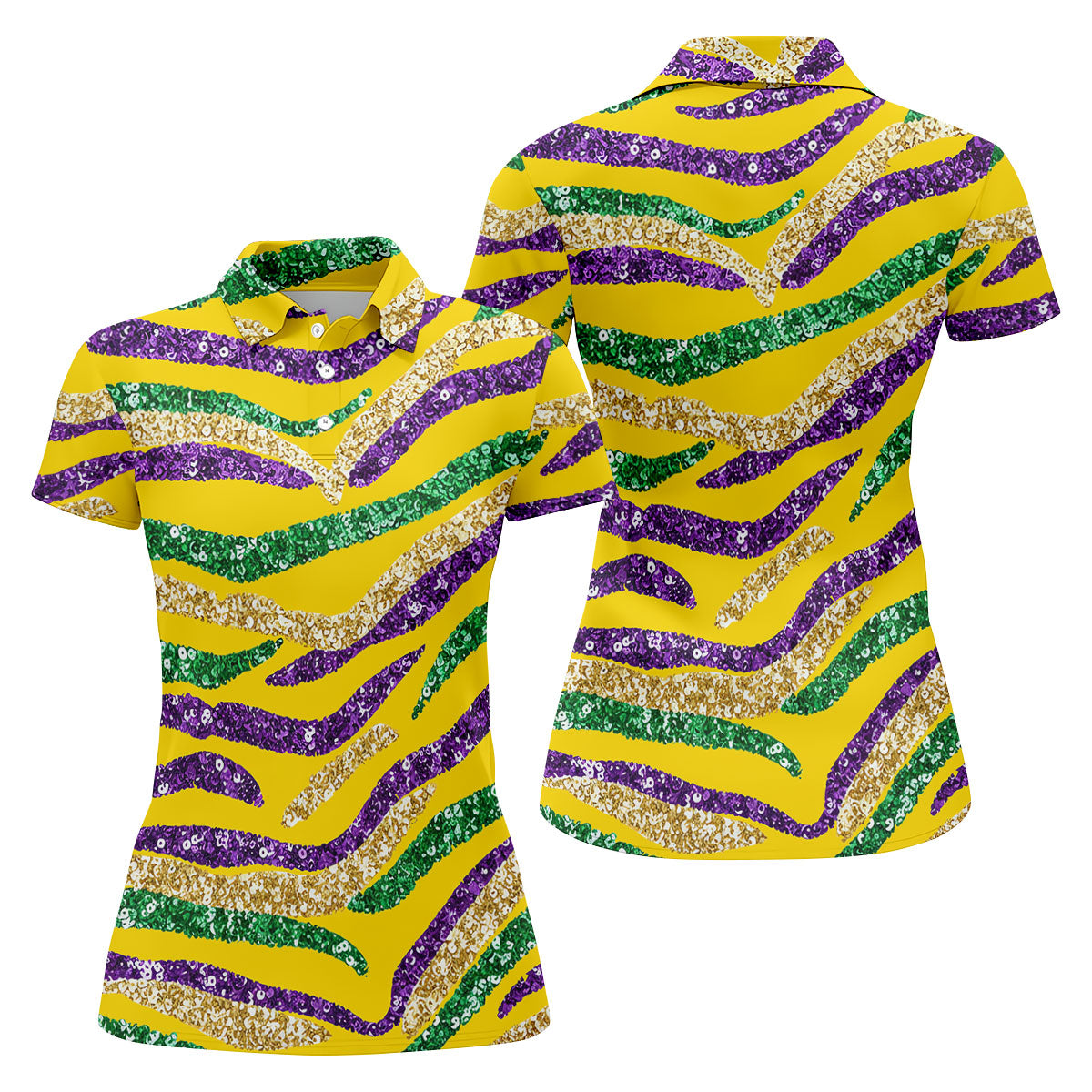 Purple Green Gold Sequin Pattern Yellow Golf Shirt, Mardi Gras Golf Shirt, Women's Golf Tops, Ladies Golf Shirts