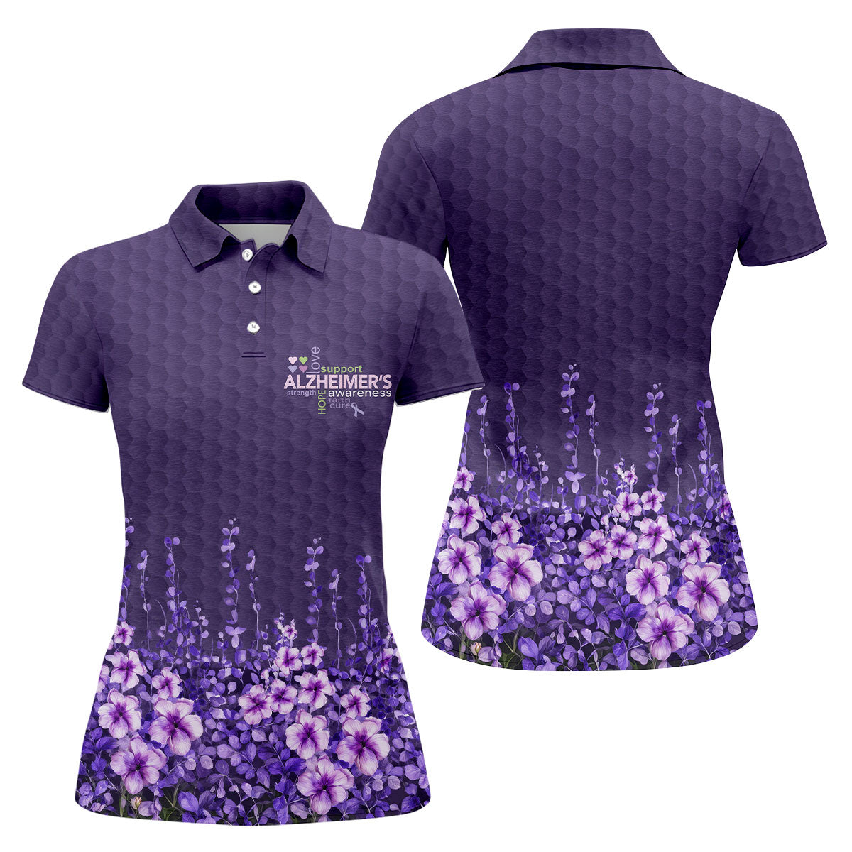 Purple Alzheimer's Awareness Floral Polo Shirt, Golf Shirts For Women, Women’s Golf Polo