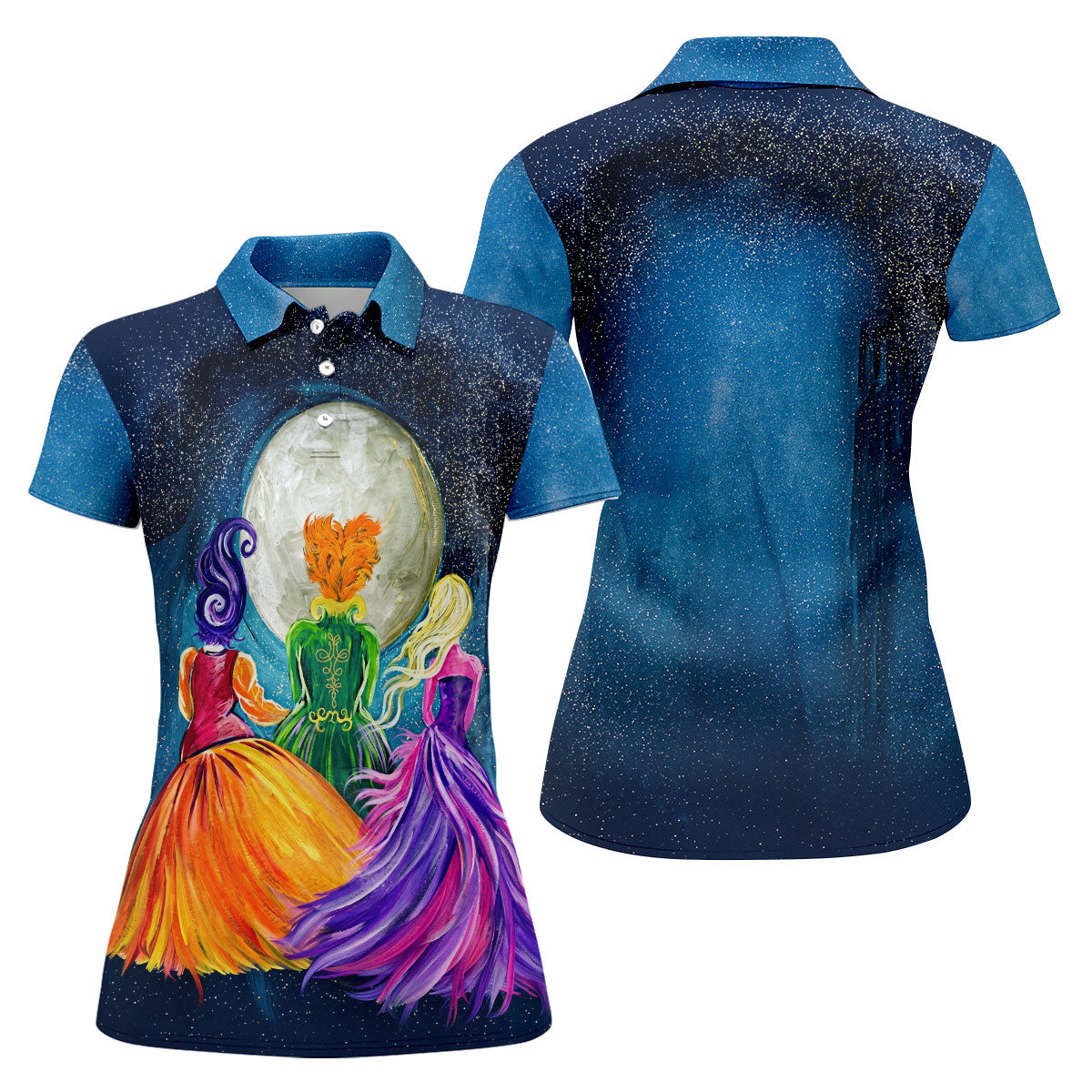 Moonlit Witch Sisters Halloween Polo Shirt, Golf Shirts For Women, Women’s Golf Apparel