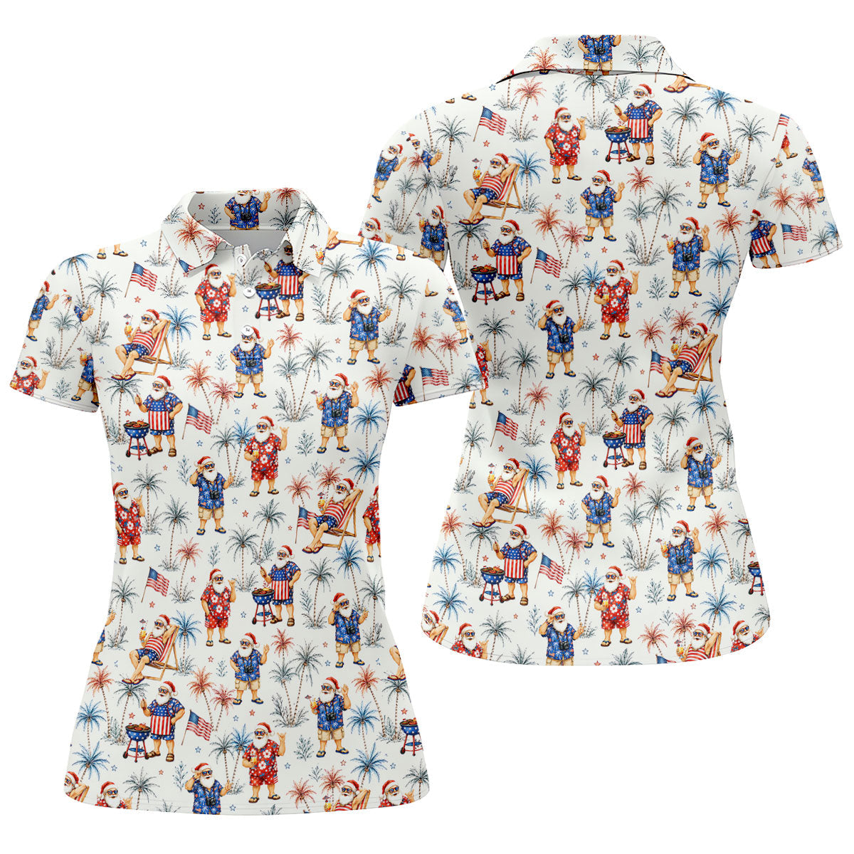 Patriotic Santa Tropical Christmas Polo Shirt, Womens Golf Polo, Hawaiian Golf Shirt