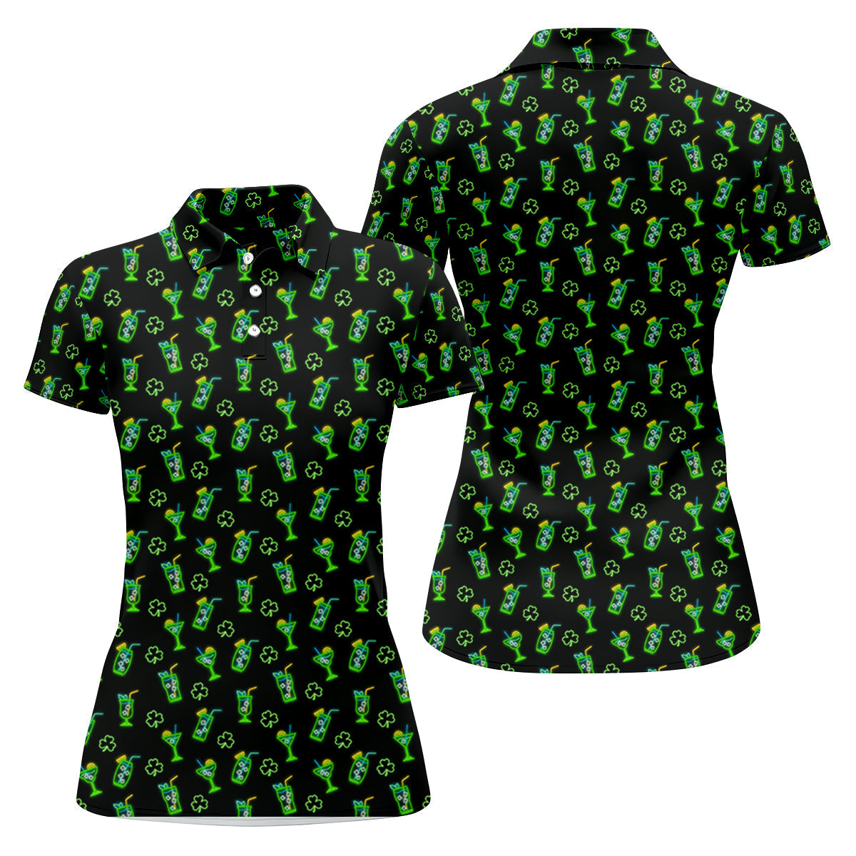 Neon Green Cocktails Three Leaf Clover St Patrick's Day Golf Shirt, Women's Golf Tops, Ladies Golf Shirts