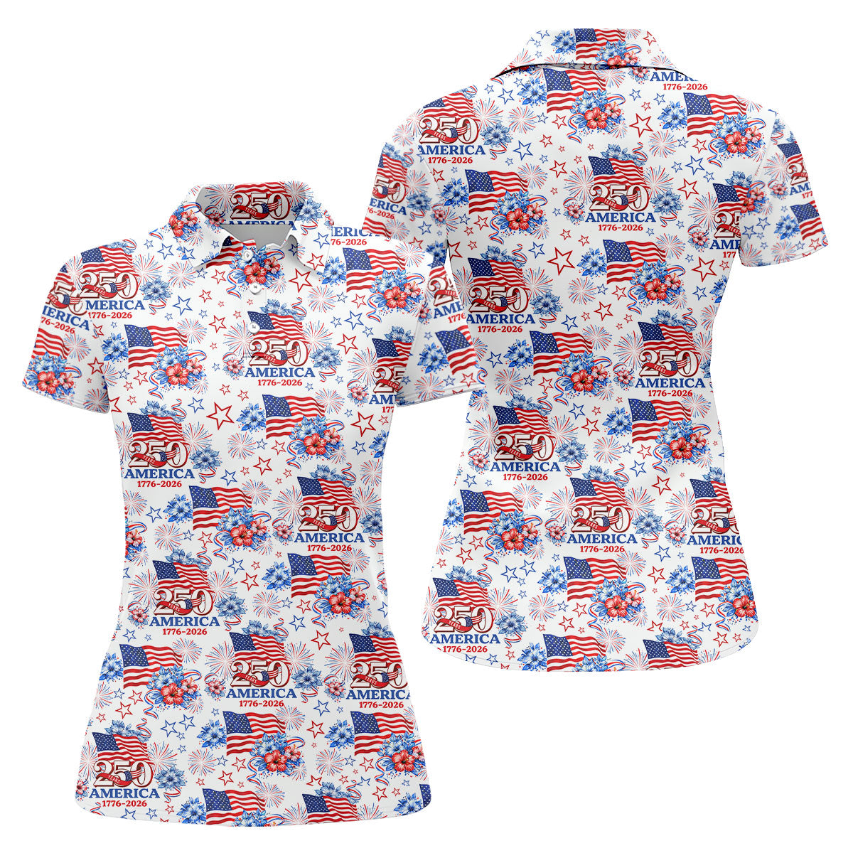 250 Years America 1776-2026 Hibiscus Tropical Flowers 4th Of July Golf Shirt, Golf Shirt For Women