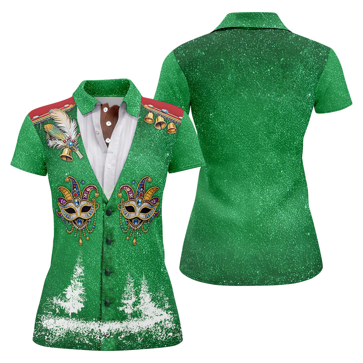 Masquerade Mask Feather Mardi Gras Glitter Print Green Golf Shirt, Women's Golf Tops, Ladies Golf Shirts